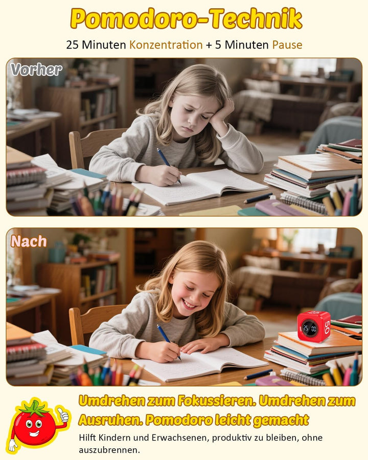 Pomodoro Timer Cube, Visueller Würfel-Timer für Kinder, Digitale LED Drehbarer Timer mit 5/10/25/50
