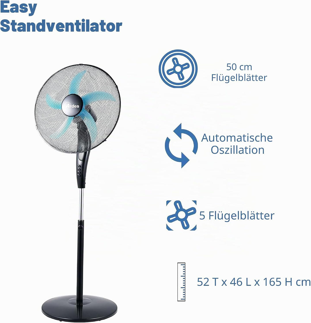 ARDES | AR5EA50PB Leiser Standventilator 5 Flügel EASY - Standventilator Ardes mit breiten Schwenkfu