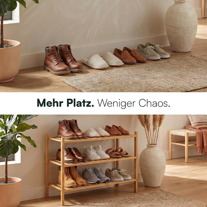 Schuhregal aus Bambus, Schuhablage mit 3 Ebenen, 68 x 28 x 46 cm, Erweiterbar Stapelbar, Schuhschran