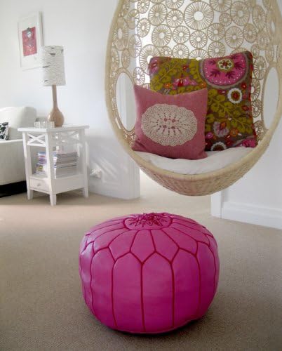 ALMADIH Leder Pouf Sitzkissen rosa mit lila Ziernaht Robustes Leder + formstabile Füllung - Traditio