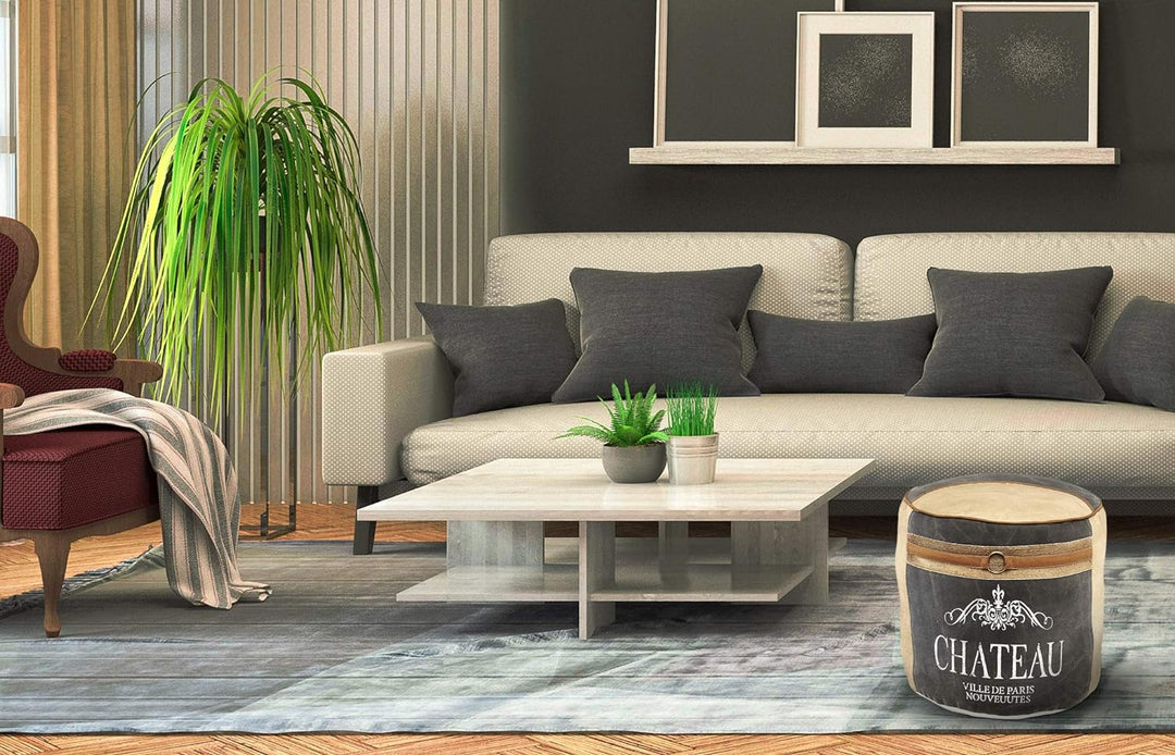Kobolo Sitzpouf rund Pouf Sitzwüfel Hocker - Chateau - aus Canvas - mit Applikationen