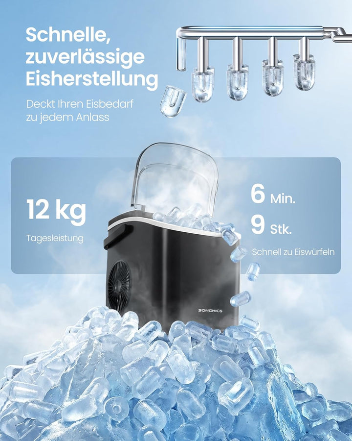 SONGMICS Eiswürfelmaschine, Eiswürfelbereiter, Eismaschine mit Selbstreinigung, in 6 Minuten 9 Würfe