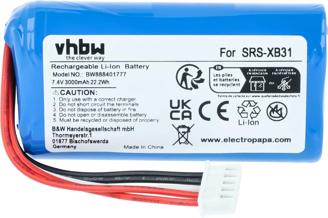 vhbw Akku kompatibel mit Sony SRS-XB33, SRS-XB31 Lautsprecher Boxen Speaker (3000 mAh, 7,4 V, Li-Ion
