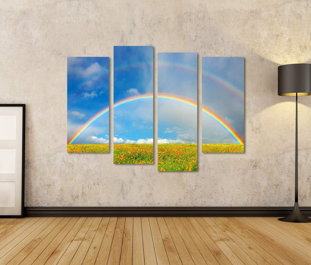 islandburner Bild auf Leinwand Landschaft Mit Blühendem Feld Und Regenbogen Bilder Wandbilder Poster
