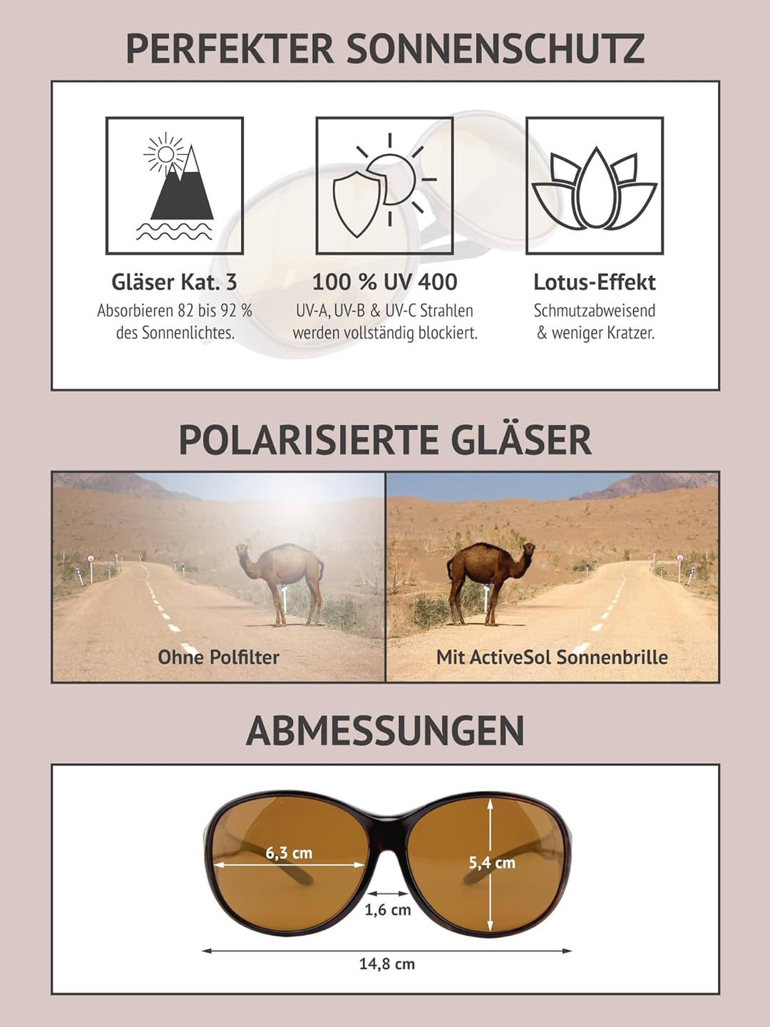 ActiveSol Überzieh-Sonnenbrille Mega | Grosse Überziehbrille für Brillenräger | polarisiert Braun, B