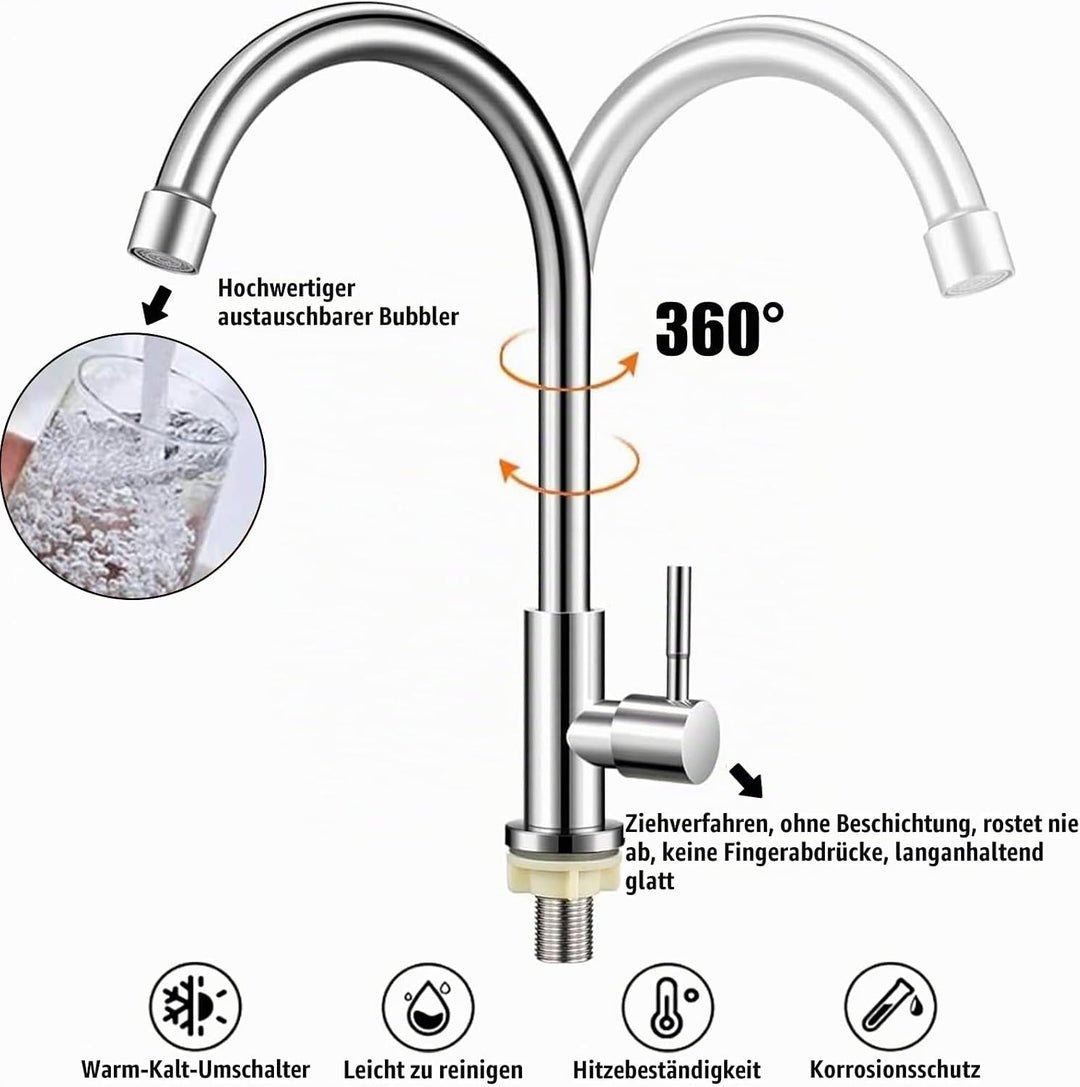 Wasserhahn Kaltwasser 360°Schwenkbar Wasserhahn aus Rostfreiem Stahl Abnehmbar Verdickter Messing Ba