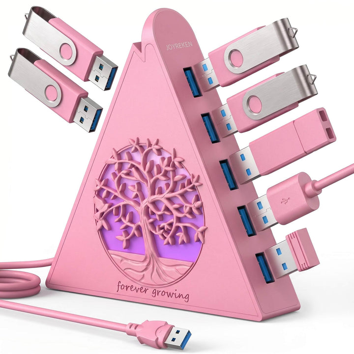 7-Port USB 3.0 Hub, RGB USB Hub mit RGB Baumlicht und 0,6m Kabel, USB Hub 3.0 Rosa USB Expander für