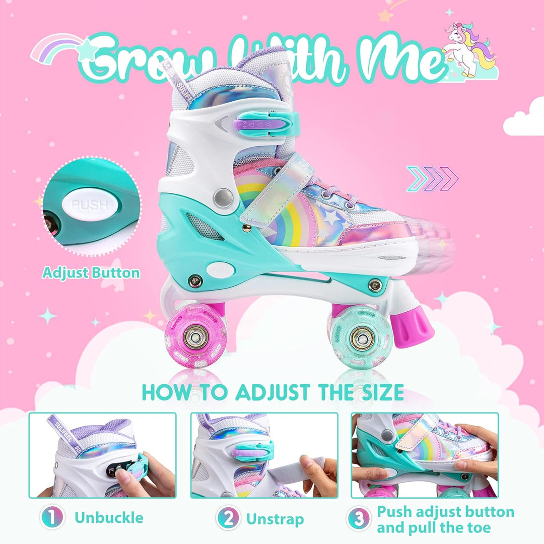 SULIFEEL Rainbow Unicorn Verstellbare Rollschuhe für Kinder mit Leuchtenden Rädern für Mädchen und J