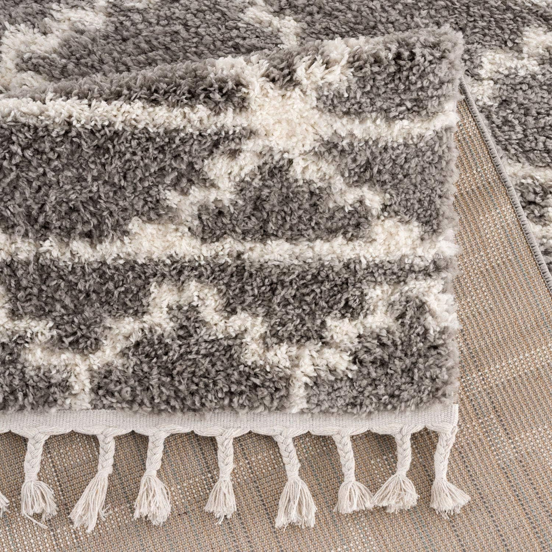 carpet city Teppich Hochflor Wohnzimmer - Ethno Skandi Stil 80x200 cm Grau Creme - Teppich-Läufer mi