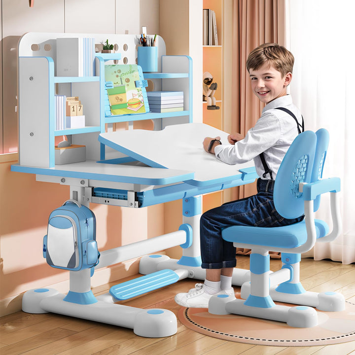 Kinderschreibtisch Set mit Bücherständer, Schüler-Schreibtisch und Stuhl, Kinderschule, Studiertisch