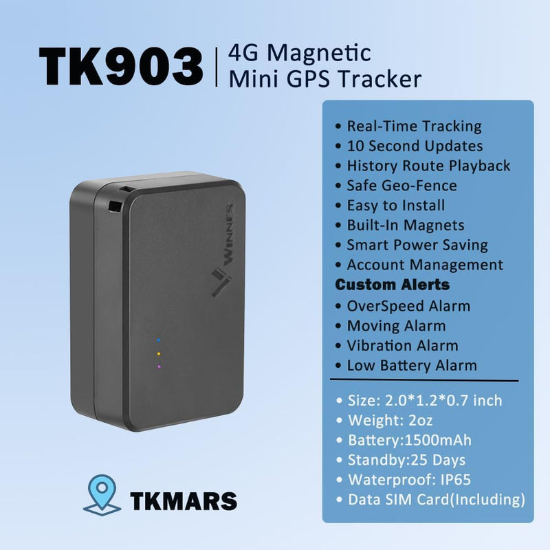 TKMARS Mini Tracker 4G GPS TK903, Echtzeit Tracker via App, GPS Sender Auto Peilsender, Inklusive SI