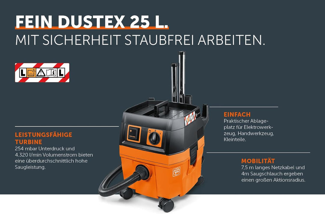 FEIN Dustex 25 L, Kompakter, leistungsstarker Nass-/Trockensauger für den Anschluss von Elektrowerkz