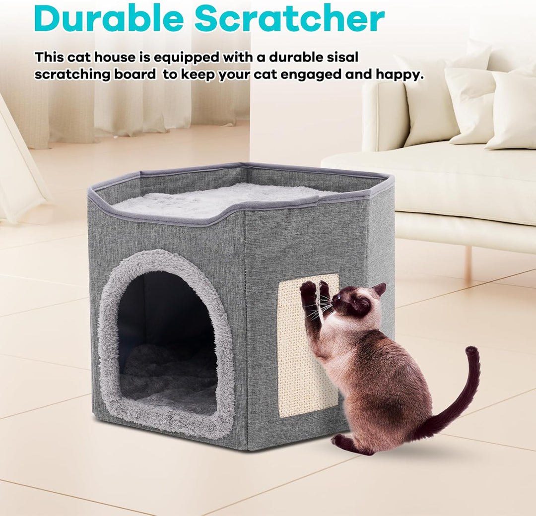 Faltbares Katzenhaus Indoor grosse Katzen, Grosse Katzenhöhle mit Kratzbrett, 2 Schicht Katzenbetten
