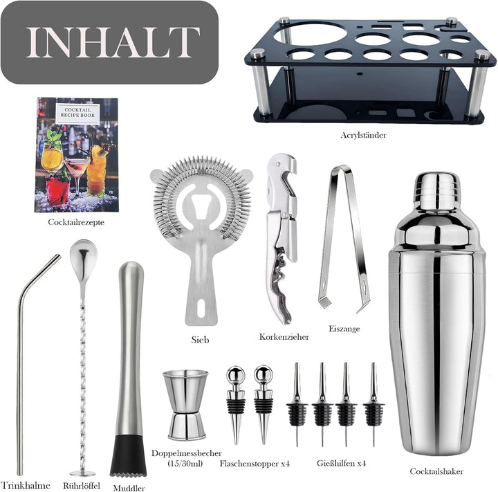 Cocktail Shaker Set, Edelstahl Cocktail Set mit Zubehör & Rezeptkarten, 750ml Barkeeper Set für Zuha