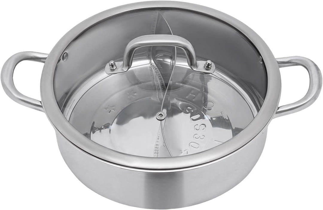 28cm Edelstahl Hot Pot Shabu Kocher Kochgeschirr Doppelseitig mit Suppenkellen & Deckel 2 Grid Shabu