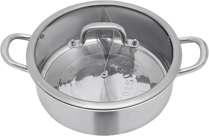 28cm Edelstahl Hot Pot Shabu Kocher Kochgeschirr Doppelseitig mit Suppenkellen & Deckel 2 Grid Shabu