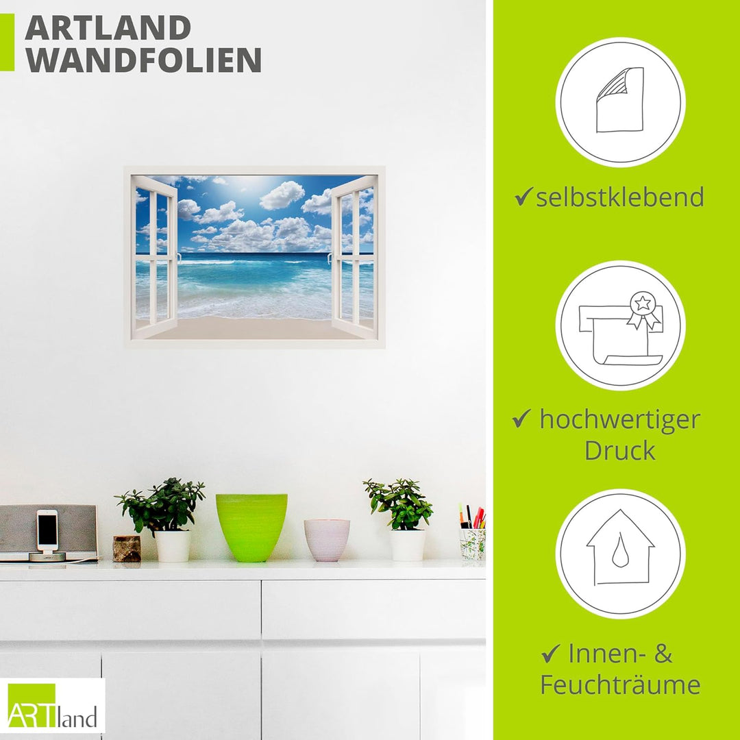 ARTland Wandbild selbstklebend Vinylfolie 100x70 cm Fensterblick Fenster Strand Meer Maritim Karibik