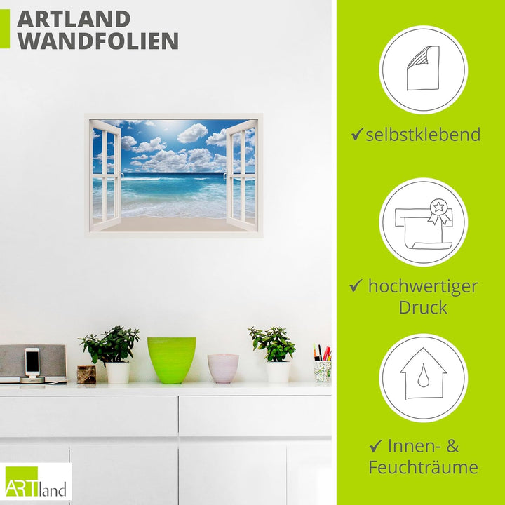 ARTland Wandbild selbstklebend Vinylfolie 100x70 cm Fensterblick Fenster Strand Meer Maritim Karibik