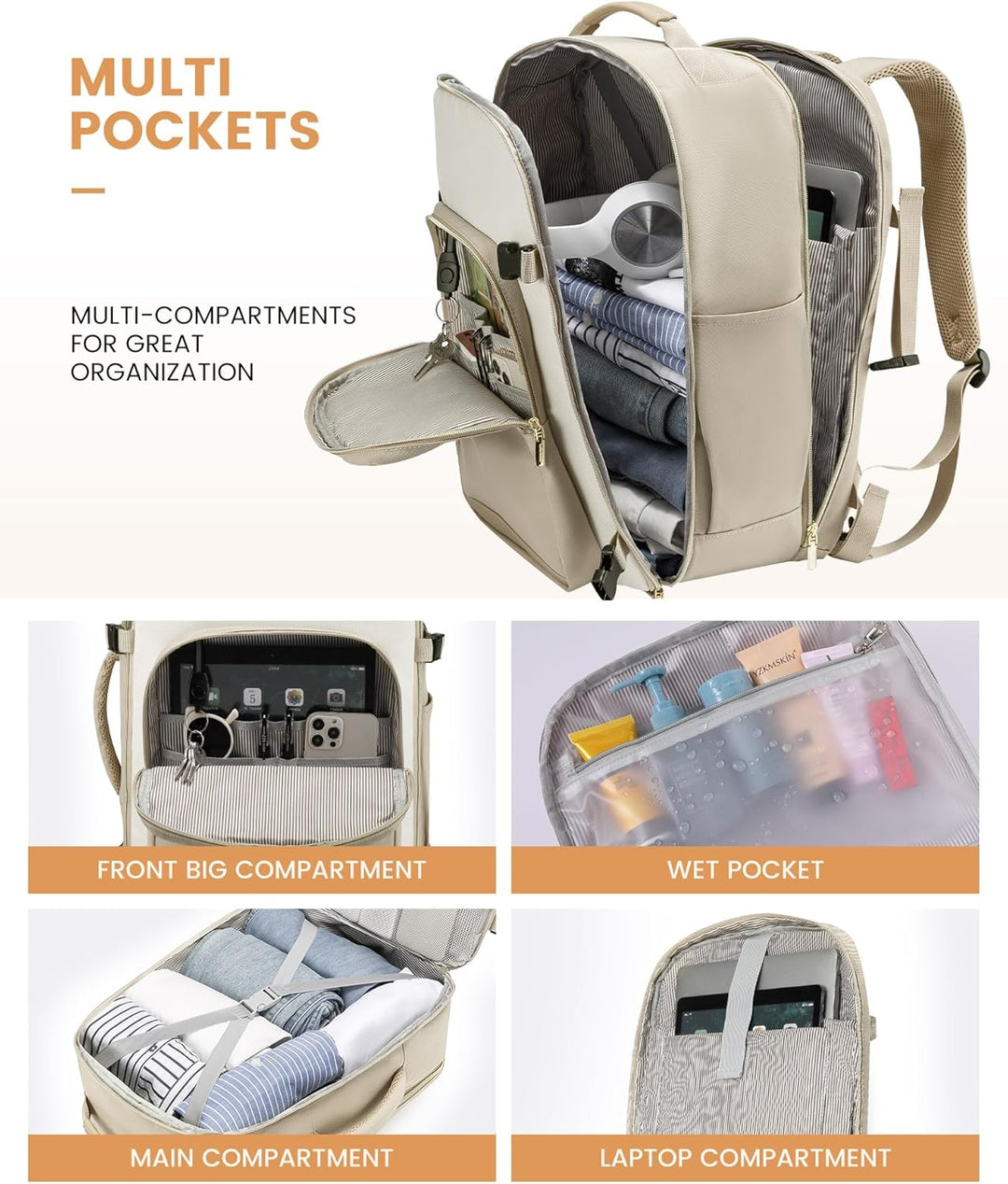 LOVEVOOK Handgepäck Rucksack Flugzeug, Reiserucksack Damen Gross 40L, Herren Wasserdicht Laptop 17 B