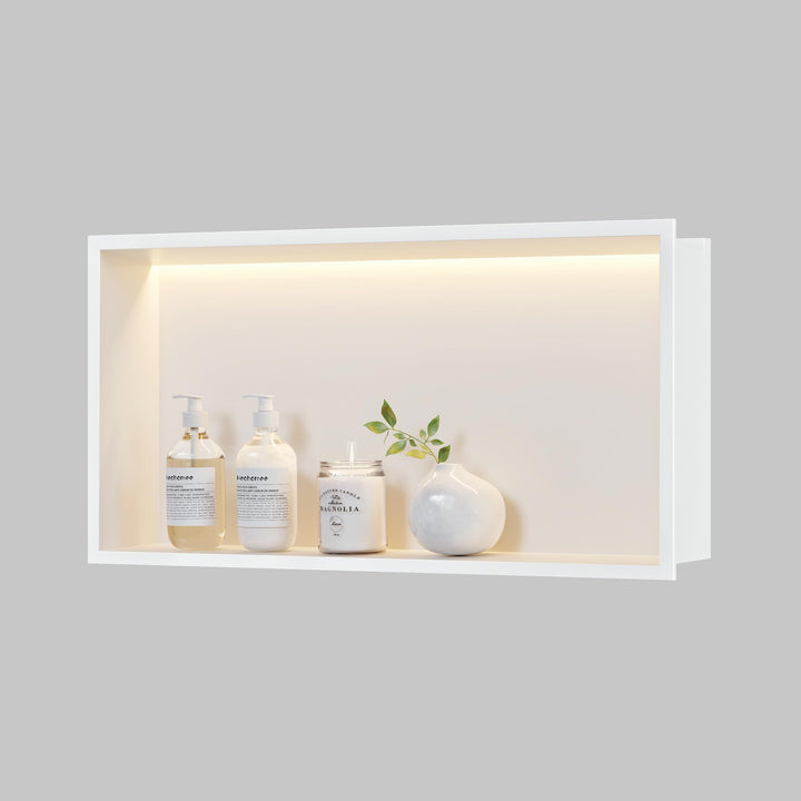 Wandnische Dusche Edelstahl mit LED-Licht, Eingebettete Duschnische Weiss Einzelregal Lagerung für B