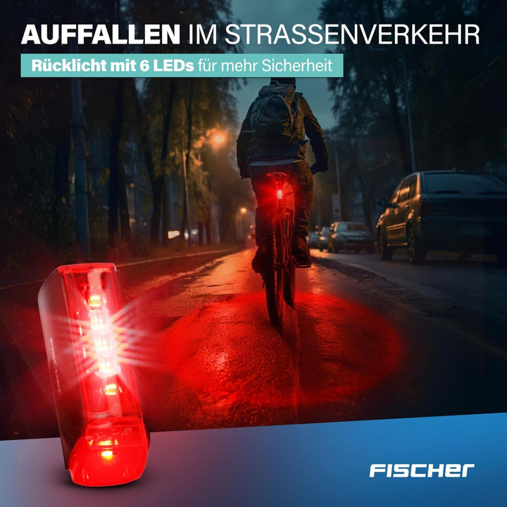Fischer Twin Fahrradlicht Set, 360° Bodenbeleuchtung, LED Fahrradlampe 30 Lux, Akku aufladbar mit US