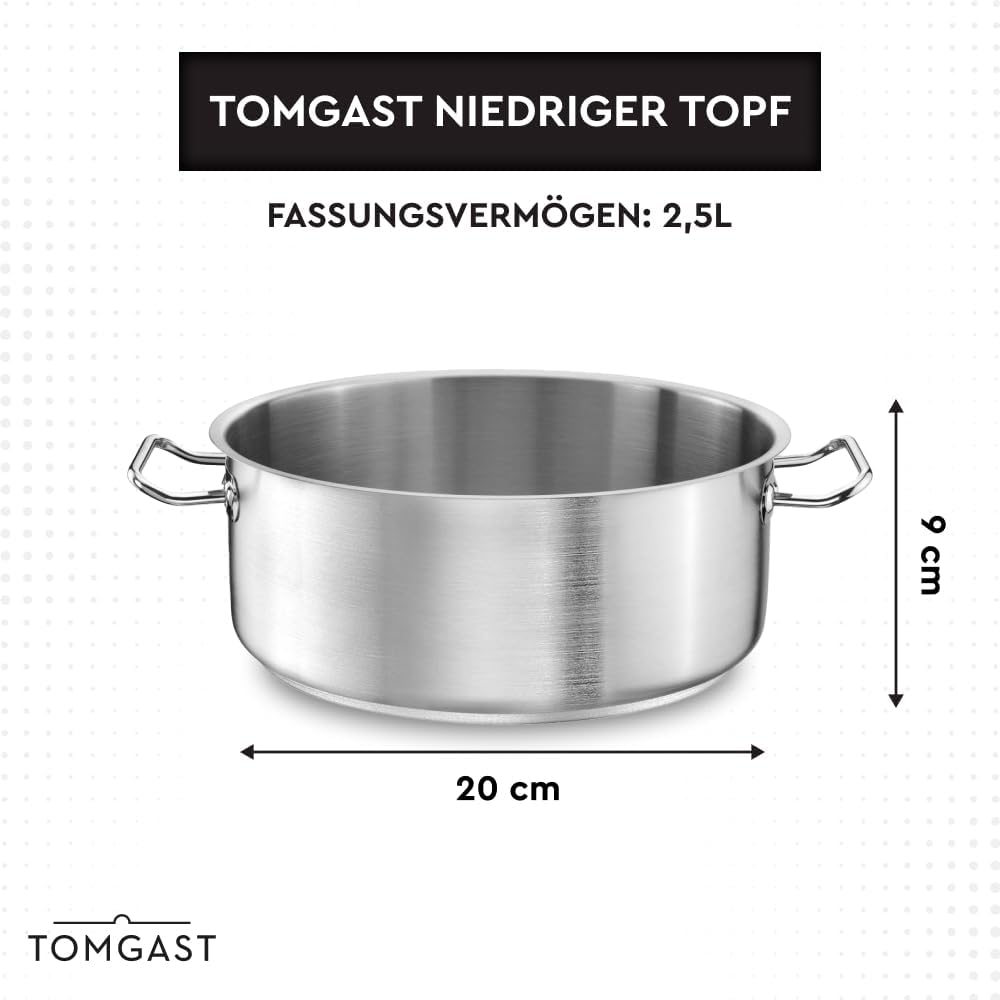 Topf Durchmesser: 20 cm Höhe: 9 cm Fassungsvermögen: 2,5 l | Edelstahl 18/10 | Wandstärke 1 mm bis 1