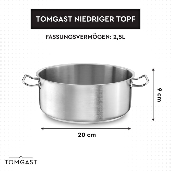 Topf Durchmesser: 20 cm Höhe: 9 cm Fassungsvermögen: 2,5 l | Edelstahl 18/10 | Wandstärke 1 mm bis 1