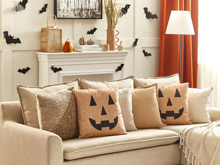 Dekokissen mit Füllung 2er Set Samt beige Halloween Kürbis-Motiv 45x45 cm Sebes