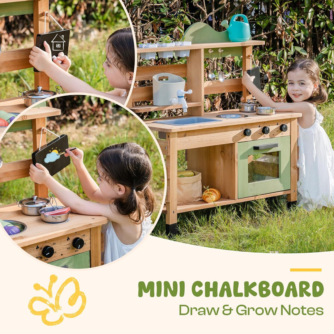 ROBOTIME Grosse Outdoor Matschküche aus Holz für Kinder, Deluxe Spielküche mit Wasserhahn, Spüle, Kr