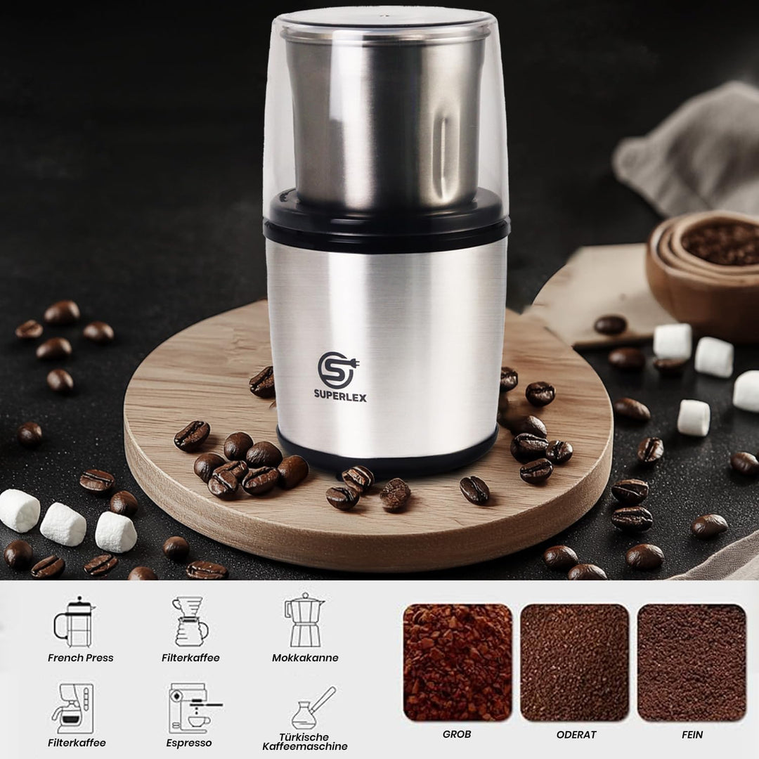 SUPERLEX Kaffeemühle elektrisch mit 100g Füllmenge, 200 Watt Edelstahl Gewürzmühle Abnehmbare Edelst