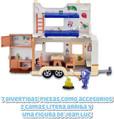 Bluey - Campervan, Urlaub Wohnwagen Spielzeug, 1 bewegliche Figur der Serie, 6 Campingzubehör und de