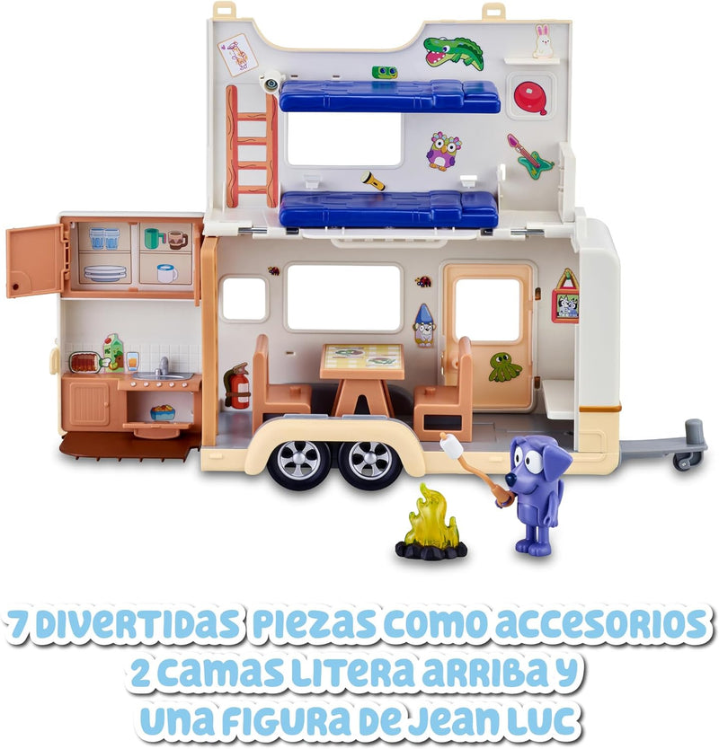 Bluey - Campervan, Urlaub Wohnwagen Spielzeug, 1 bewegliche Figur der Serie, 6 Campingzubehör und de