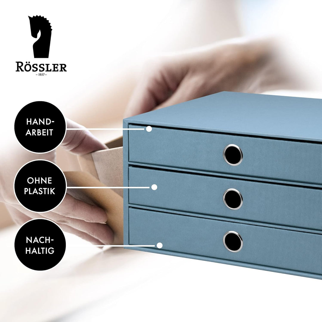 Rössler 1524452153 - S.O.H.O. 3er Schubladenbox für DIN A4, mit Griffloch, Denim, 343 x 250 x 185 mm