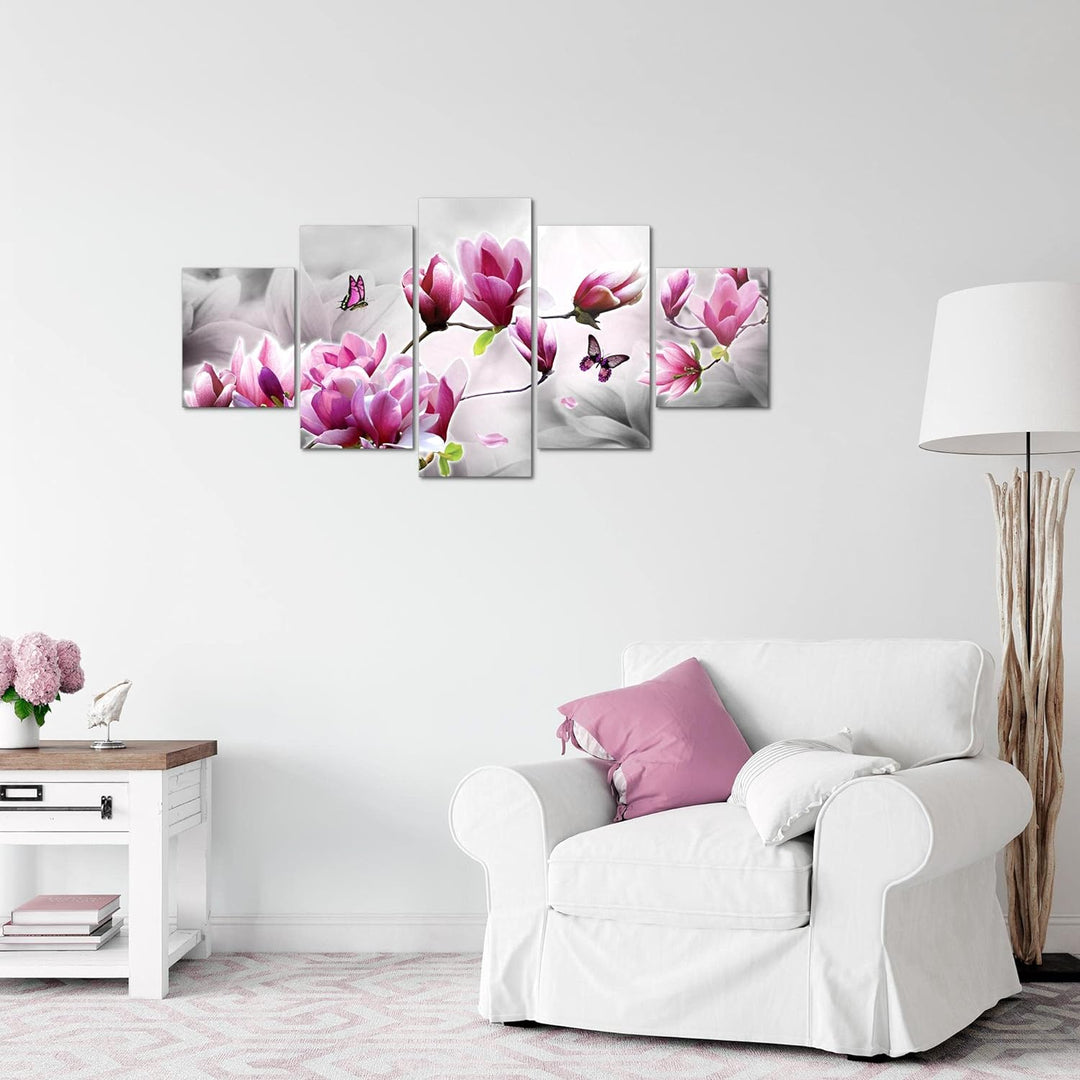 Runa Art Wandbilder Blumen Magnolien 5 Teilig Bild auf Vlies Leinwand Deko Wohnzimmer Schmetterling