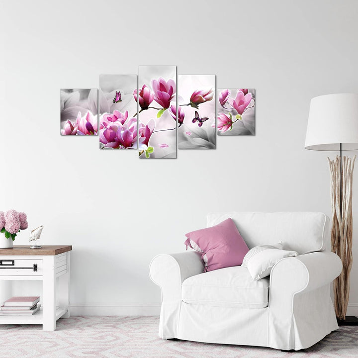 Runa Art Wandbilder Blumen Magnolien 5 Teilig Bild auf Vlies Leinwand Deko Wohnzimmer Schmetterling