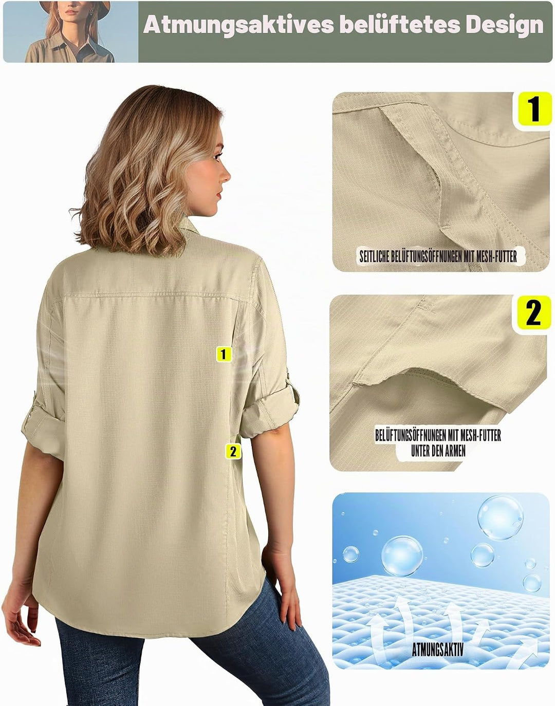 33,000ft Hemdbluse Damen UPF50 UV Schutz Hemd Schnelltrocknende Button-Down Shirts Atmungsaktive Wan