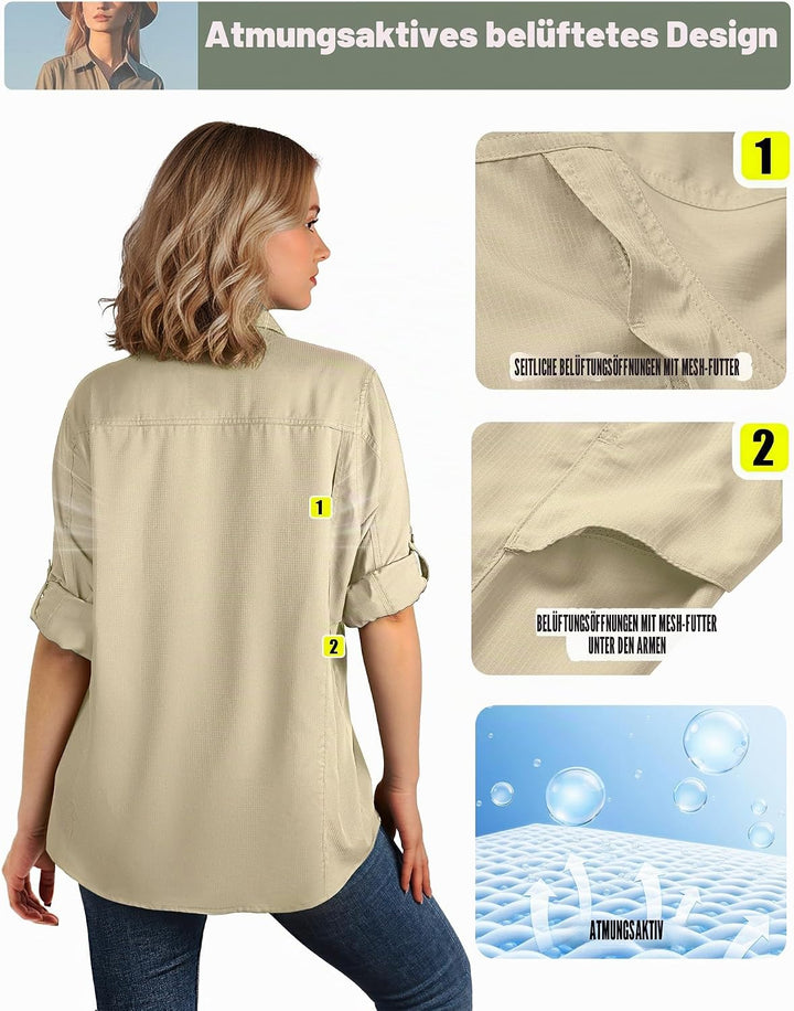 33,000ft Hemdbluse Damen UPF50 UV Schutz Hemd Schnelltrocknende Button-Down Shirts Atmungsaktive Wan