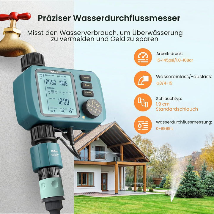 HiOazo Bewässerungssteuerung, mit Wasser durchflussmesser, Programmierbar WasserZeitschaltuhr, 3 Bew