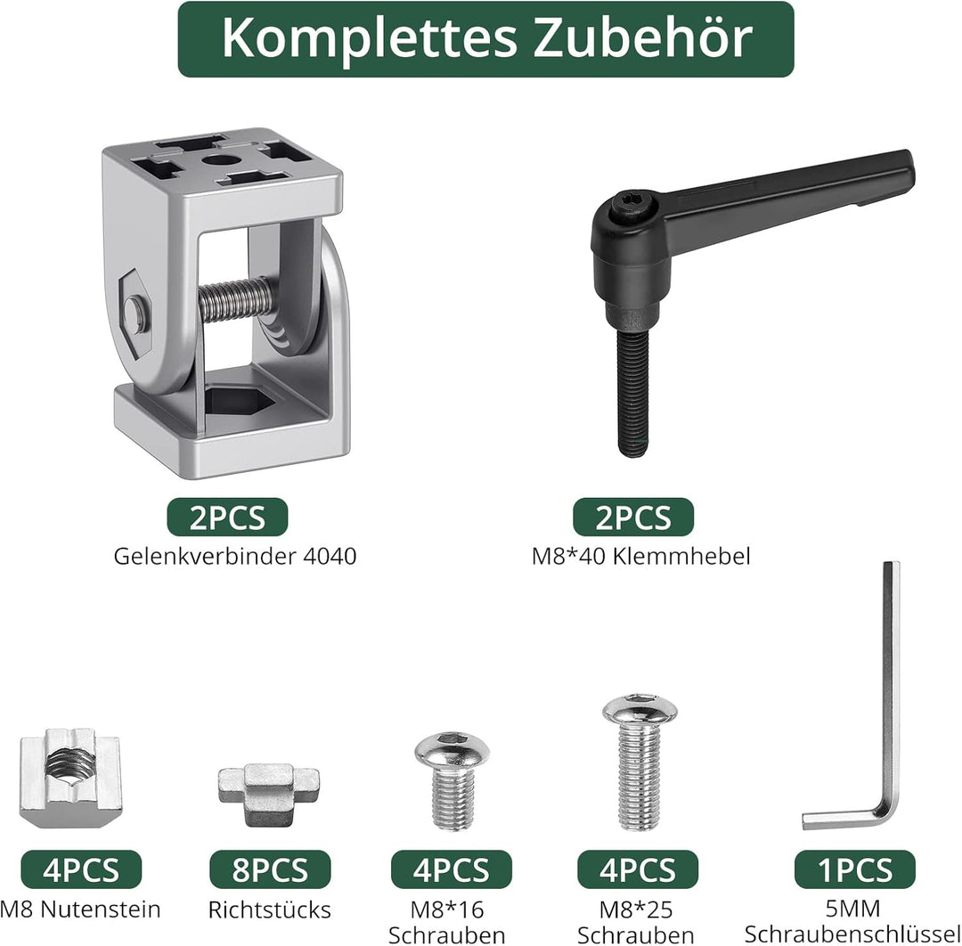 JiGiU Winkelverbinder für 4040 Aluprofil 8mm Schlitz Flexibler Scharnier mit Klemmhebel 180° Drehber
