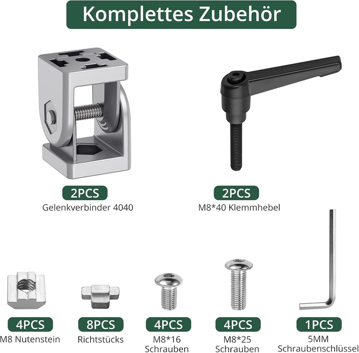 JiGiU Winkelverbinder für 4040 Aluprofil 8mm Schlitz Flexibler Scharnier mit Klemmhebel 180° Drehber