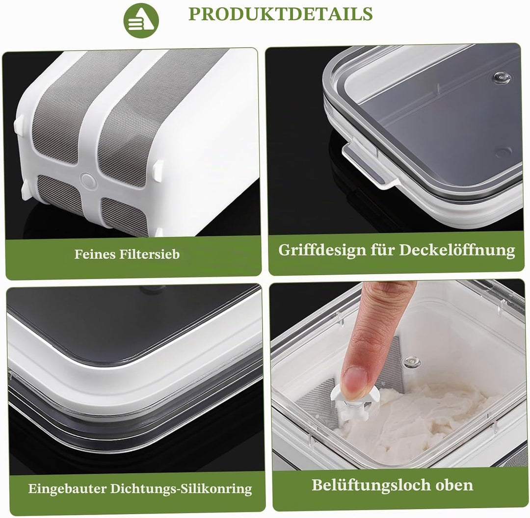 Joghurtsieb, 1,1l griechischer Joghurtsieb mit einem feinen Netzbeutel und Deckelleckfisch, BPA-frei
