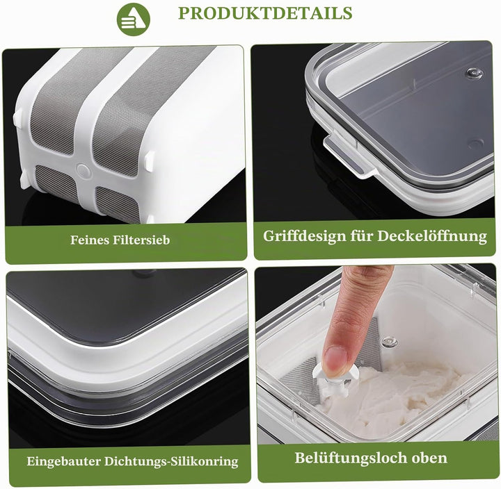 Joghurtsieb, 1,1l griechischer Joghurtsieb mit einem feinen Netzbeutel und Deckelleckfisch, BPA-frei