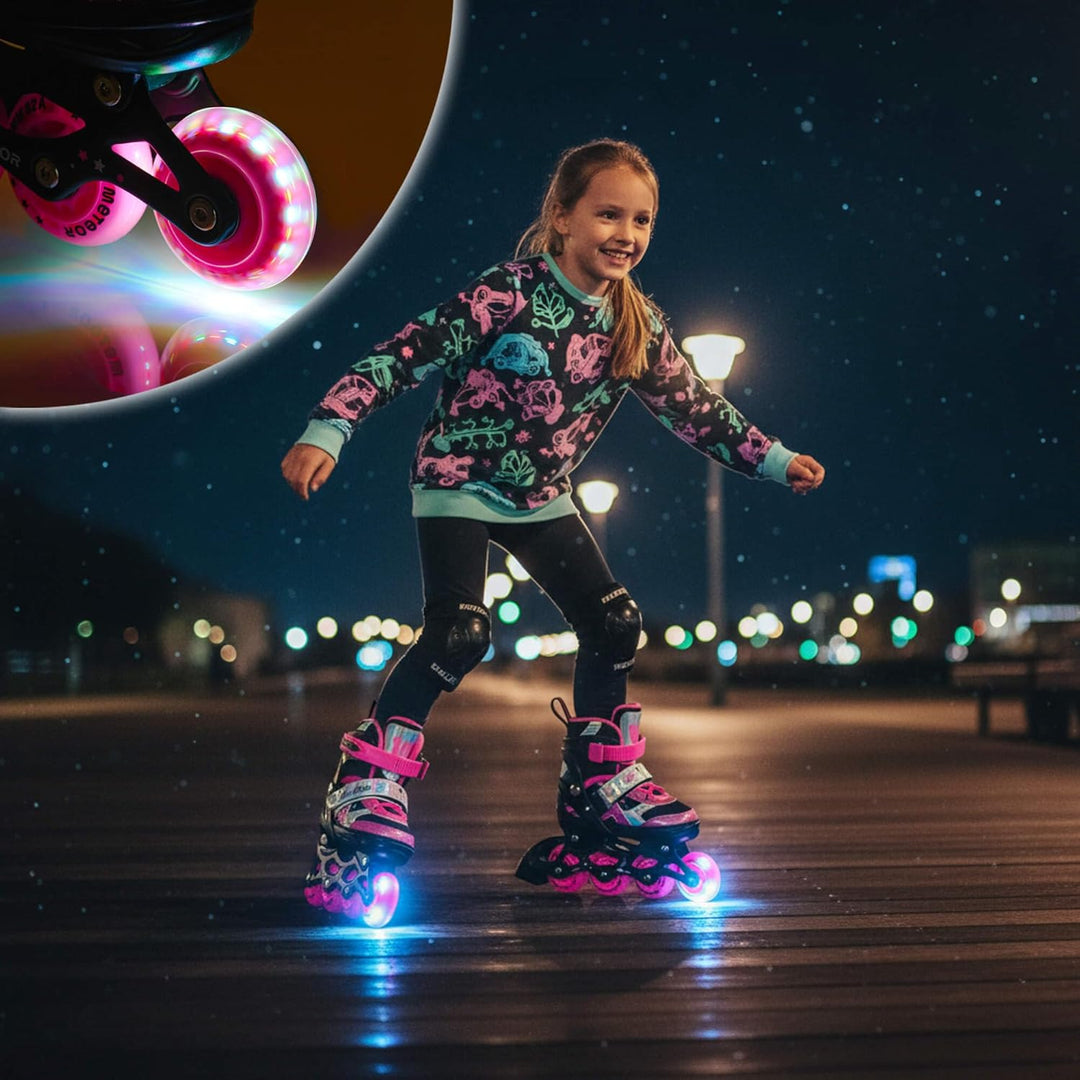 meteor verstellbare 4‑in‑1 Kinder Inline-Skates – Rollschuhe Inliner Schlittschuhe – ABEC‑7 PU‑Räder
