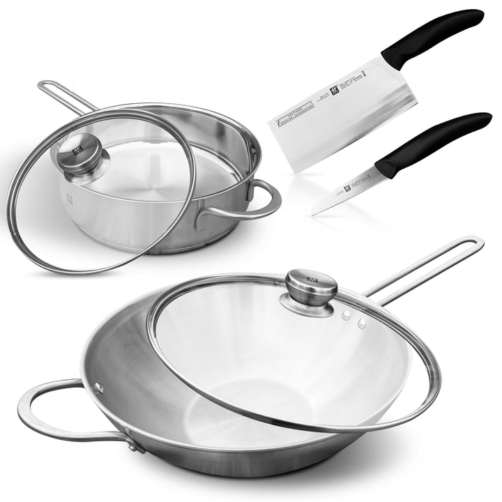 Zwilling TwinNova3 Wokpfanne 30cm + Schmorpfanne 24 cm + 2x Glasdeckel + 2 Küchenmesser, 6 tlg, Wok