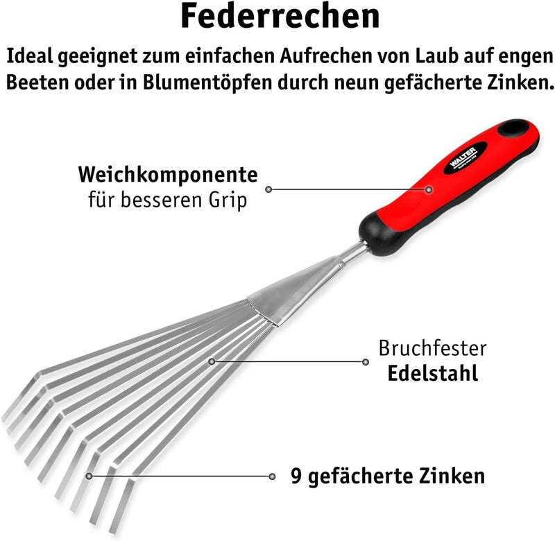 WALTER Gartenwerkzeug Set 5-TLG., Stiel mit einfachem Aufhängeloch, langlebiger Kopf aus rostfreiem