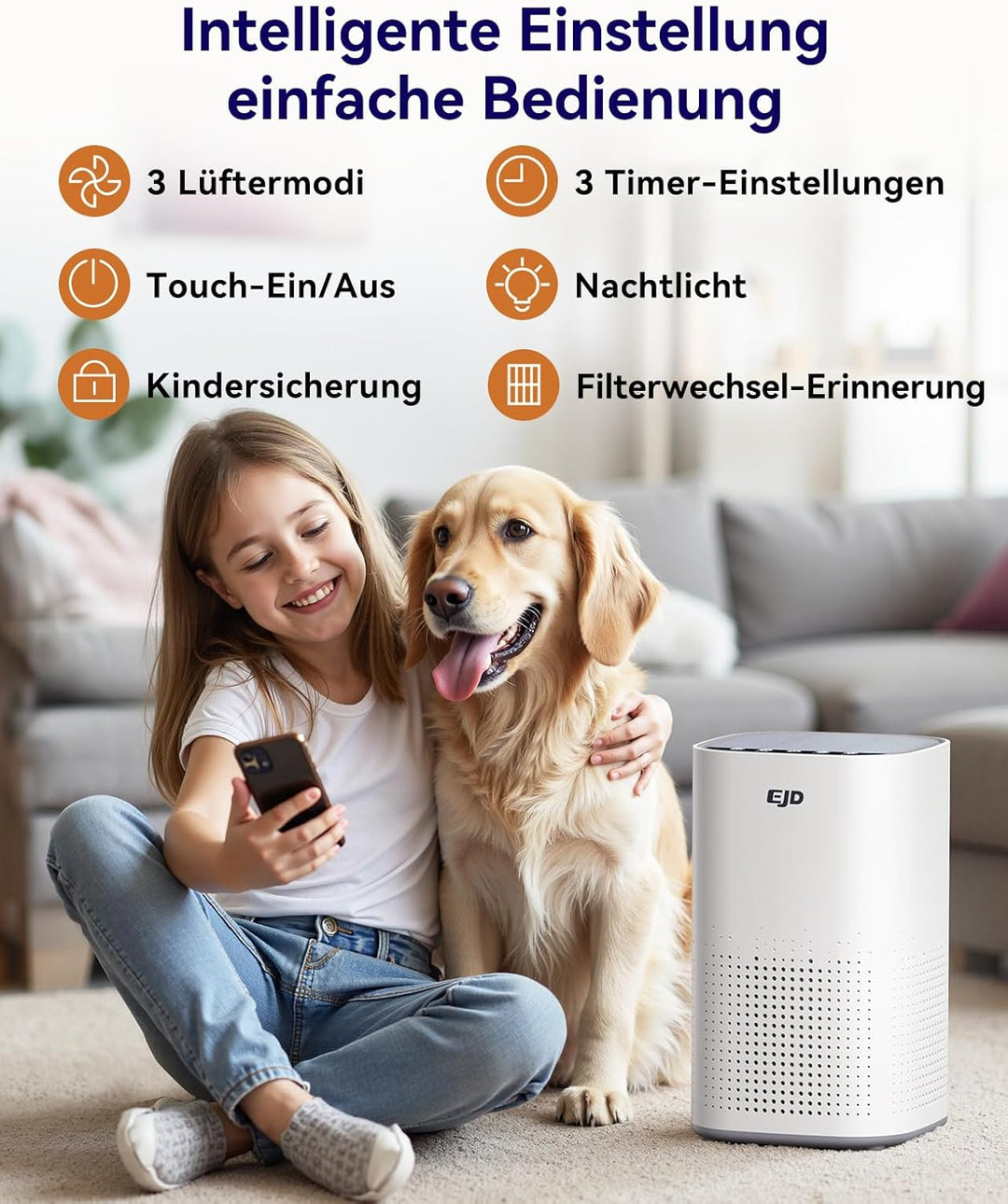 Luftreiniger für grosse Schlafzimmer bis zu 70 m² mit CADR 223 m³/h, leiser H13 HEPA-Luftreiniger mi