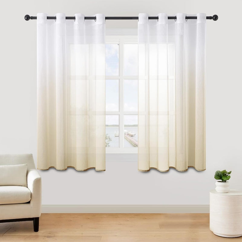MRTREES Voile Gardinen Farbverlauf Transparent Vorhang Kurz Tüllvorhang mit Ösen in Beige Weiss Verl