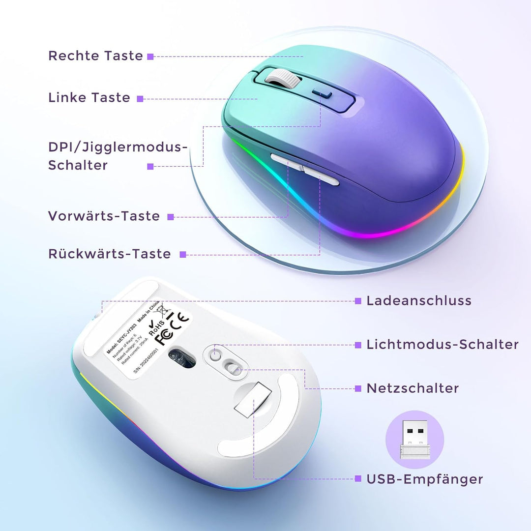 seenda LED Kabellose Maus Wiederaufladbar mit Jiggler, Leise 2.4G USB Funkmaus für Laptop, Computer