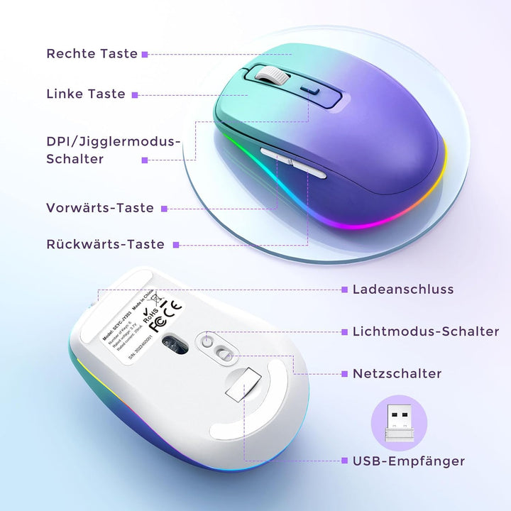 seenda LED Kabellose Maus Wiederaufladbar mit Jiggler, Leise 2.4G USB Funkmaus für Laptop, Computer