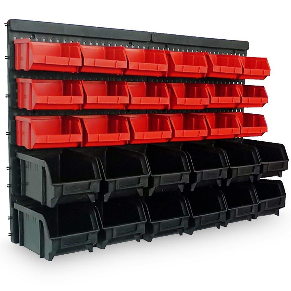 ORDER Werkstatt Wandregal-Set, 30 Stapelboxen in Rot/Schwarz, Hängeorganizer mit Sortierboxen, 64x2x